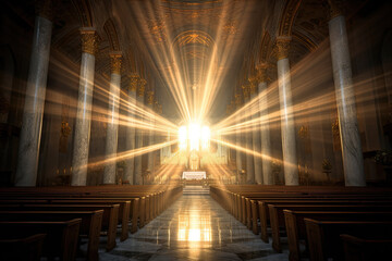 Light in church, symbolizing divine presence, truth, spiritual illumination, God love and grace. Sun rays radiant patterns inside church. Light beams blessing house of the Lord with heavenly light - obrazy, fototapety, plakaty