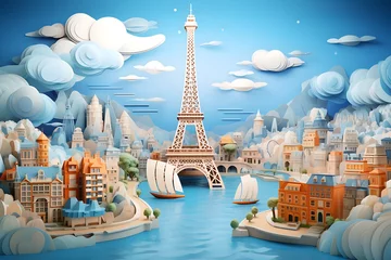 Türaufkleber Paris Multi-Dimensional Paper Quilling of paris City with Auspicious Clouds, Pastel Tones, Ravine Stream, Boat, Pine Trees, Mountain Range, Ancient Buildings, on Blue Background, Generative AI