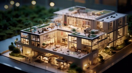 Fototapeta premium miniature model of a contemporary villa house neighborhood showcases a modern and generic aesthetic, enhanced by the creative use of tilt-shift focus technique. Generative AI