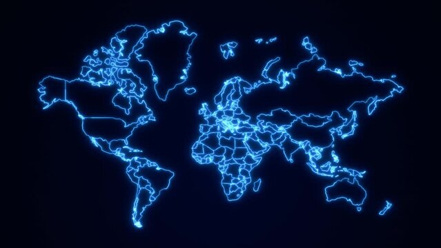 Digital Technology World Map Animation. Glowing Connections in Global Blue World Map Loop with Visual Effects. Neon globe world map. Abstract world map outline Glowing Neon lights animated background