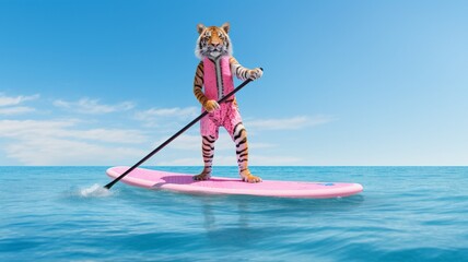 A tiger dreed in pink swimming suit on a pink stand up paddle board in the sea. Surreal sport and leisure concept. Generative AI - obrazy, fototapety, plakaty