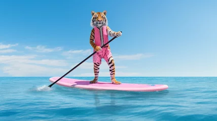 Foto op Canvas A tiger dreed in pink swimming suit on a pink stand up paddle board in the sea. Surreal sport and leisure concept. Generative AI © Miss V