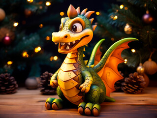 Funny toy dragon on the background of a Christmas tree and lights