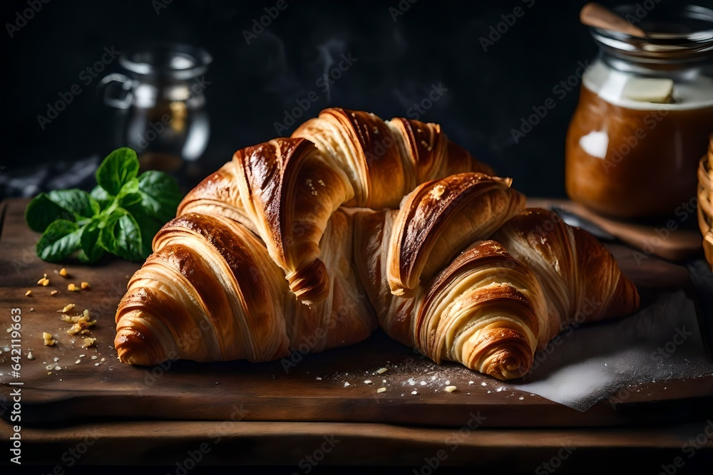 Poster create a perfect image of a warm and flaky croissant with a pat of butter. - ai generative