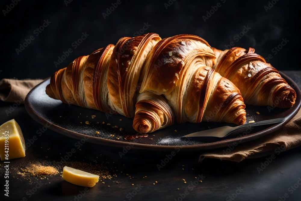 Poster create a perfect image of a warm and flaky croissant with a pat of butter. - ai generative