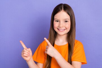 Photo of young preteen girl direct fingers empty space useful information for beginners english...