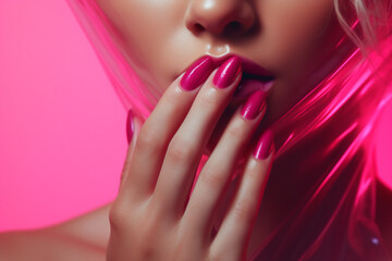 woman with beautiful hand with pink nails , with pink background - obrazy, fototapety, plakaty
