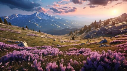 Sunrise over the mountain and wild flower 