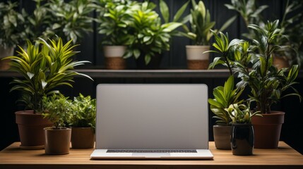 Modern Office Desk Mockup with Laptop. Customizable Workspace.