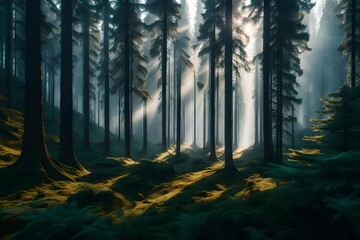 Compose a stunning image of a dense, mist-shrouded coniferous forest at dawn, where tall pine trees stand sentinel amidst the serenity of a mountainous landscape.