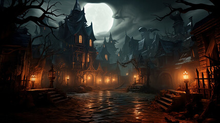 Halloween night landscape in the light of the full moon of a sinister and ghostly village
