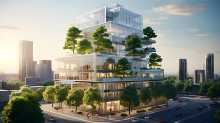 Eco - friendly building in the modern city. Sustainable glass office building with tree for reducing carbon dioxide. Office building with green environment. Corporate building reduce CO2 - obrazy, fototapety, plakaty