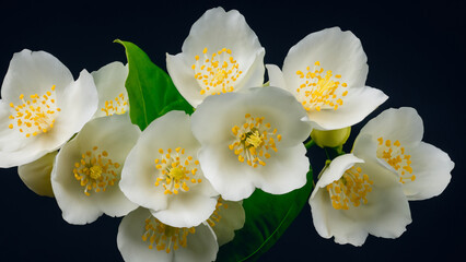 Fototapeta na wymiar White lily flowers on a black background, close-up