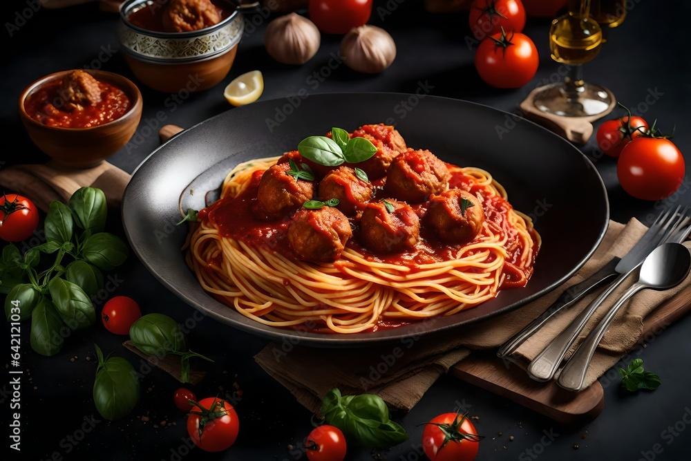 Poster create a realistic image of a heaping bowl of spaghetti with a rich tomato sauce and meatballs - ai 