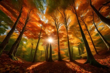 Craft an exquisite image capturing the enchanting beauty of a sun-dappled broadleaf forest, where vibrant autumn leaves create a kaleidoscope of colors beneath the lush green canopy