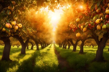 Produce a captivating image showcasing a bountiful orchard filled with luscious, ripe fruit trees under the warm, golden rays of the sun, evoking the essence of a fruitful harvest.