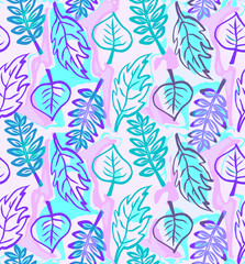 Fototapeta na wymiar Hand Drawn Leaves, Cool Blues, purple, and mint, Seamless Repeating Pattern Tile
