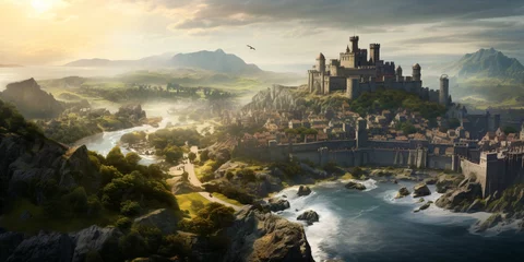 Wall murals Fantasy Landscape medieval fantasy city built over hills, view of the river and mountains