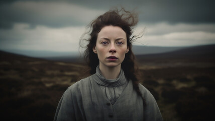 Fototapeta premium Portrait of a woman with dark auburn hair standing in a windy field with a foreboding storm in the background. Pale skinned fashion model. 