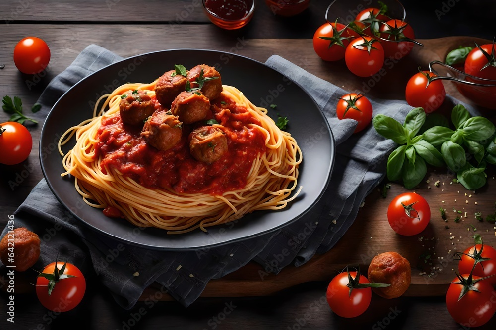 Poster create a realistic image of a heaping bowl of spaghetti with a rich tomato sauce and meatballs - ai 