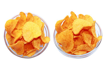 Potato chips in glass bowl isolated on a white background or transparent background, Potato chips isolated