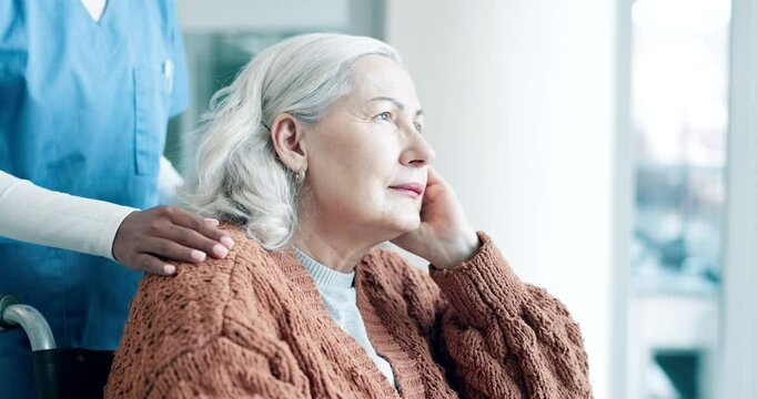 Old woman, nurse and thinking with empathy, sad and memory with cancer, depression and remember. Elderly person, pensioner and senior lady with caregiver, sympathy and comfort with support and hope