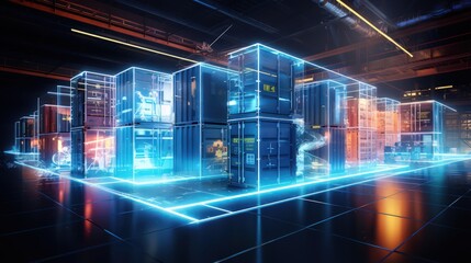 Modern accounting and warehousing of containers in large storage areas. Digital neon illumination of storage bins, their numbers and names of packaged goods with delivery addresses.