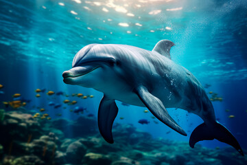 A dolphin swims in the sea. Portrait of an animal in its environment