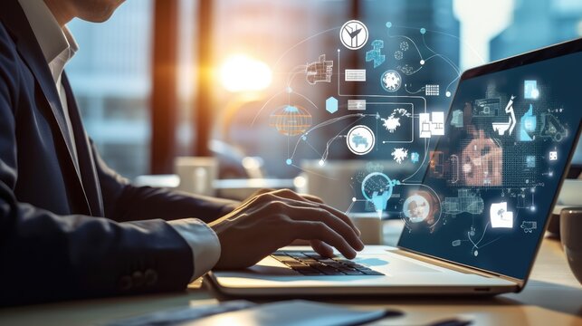 Businessman searching system on laptop, 3D Digital 
