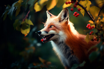 A fox eats berries in the forest. Portrait of a fox