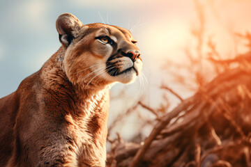 Beautiful cougar in the savannah. Portrait of an animal in its environment