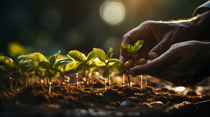 Fototapeta premium Hand growing seeds of vegetable on sowing soil at garden metaphor gardening, agriculture concept