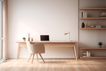 Minimalist home office. A desk with a computer and an armchair. Harmony in work