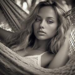 Outdoor portrait of a model resting in a hammock. Perfect skin and complexion. Long blond hair.