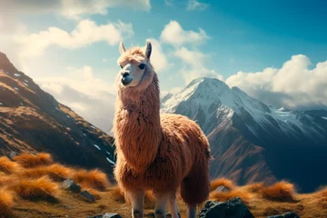 Foto auf Alu-Dibond Cute llama in the mountains. Alpaca in the valley on the background of the mountains © Uliana