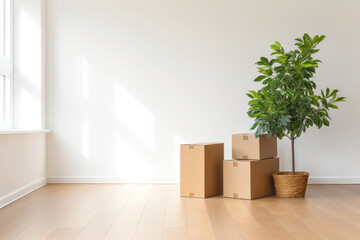Cardboard Boxes and an Indoor Tree With Copy Space Over White Wall, Moving to a New Home