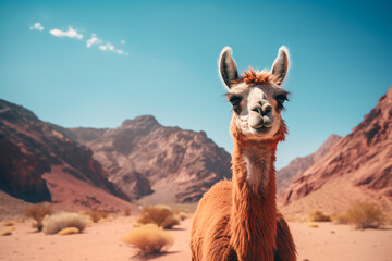 Cute llama in the mountains. Alpaca in the valley on the background of the mountains.