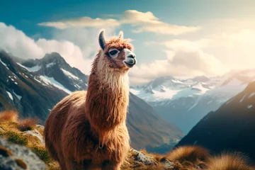  Cute llama in the mountains. Alpaca in the valley on the background of the mountains. © Uliana
