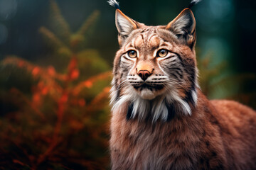 Lynx in the forest. Animal in the natural environment. Portrait of a beautiful lynx.