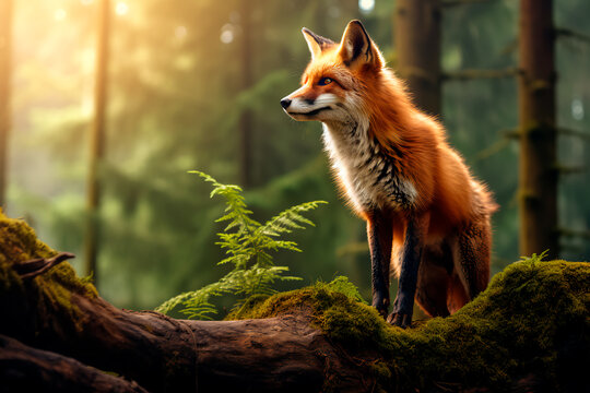 Beautiful fox in the forest. Animal in the natural environment. Portrait of a fox