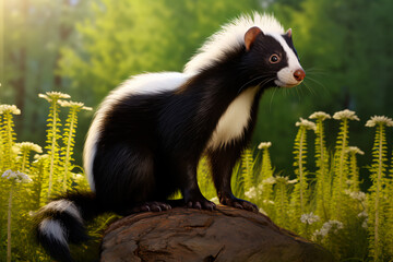 Naklejka premium Skunk in the forest. Animal in the natural environment. Portrait of a beautiful skunk.