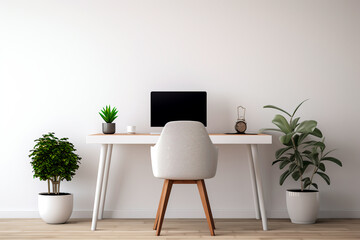 Minimalist home office. A desk with a computer and an armchair. Harmony in work