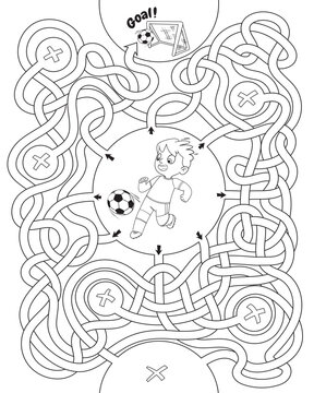 Boy is playing soccer on soccer field. Children logic game to pass the maze. Educational game for kids. Attention task. Choose right path. Funny cartoon character. Coloring book. Worksheet page