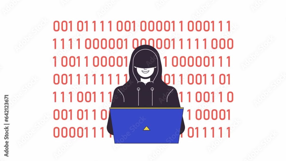 Poster cyber attacker typing on laptop line 2d animation. fraudulent hacker spying on internet 4k video mot