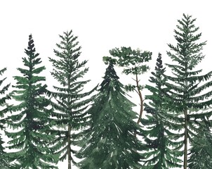 Watercolor seamless border with trees, pine, fir. Trees seamless background.