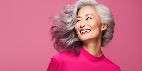 Obraz na płótnie Canvas A stylish Asian woman in her 50s. Luxurious middle-aged woman with a short hairdo on pink background. She is smiling and looking at copy space.