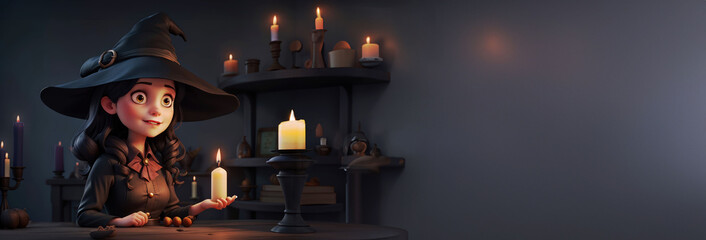 a girl in a witch's hat is sitting at the table. 3D Animation Style. Celebration theme, copyspace for text. Ideal for product placement