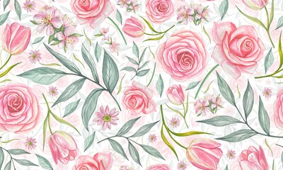 Floral pattern with pink roses,tulips,pink flowers,leaves. Watercolor