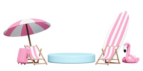 3d cylinder stage podium empty with fence, summer beach, chair, ball, Inflatable flamingo, wave, umbrella or parasol isolated. shopping summer sale concept, 3d render illustration