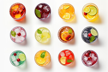 Vibrant summer drink collection, perfect for a cocktail party setup from above - obrazy, fototapety, plakaty